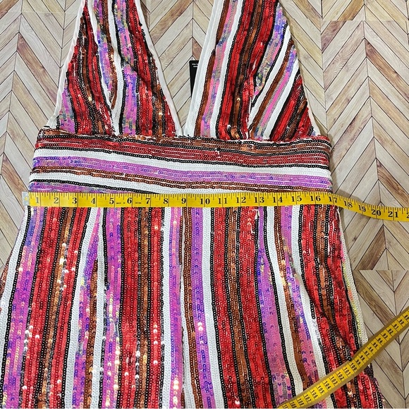 PRETTY LITTLE THING Multi Stripe Sequin Halterneck‎ Romper Sz 12 Baddie Party - Picture 5 of 10